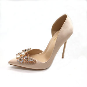 Eleganti Décolleté D'Orsay con Fibbia a Farfalla e Strass, <span class=keywords><strong>Sexy</strong></span> <span class=keywords><strong>Tacchi</strong></span> <span class=keywords><strong>Alti</strong></span> in Raso Color Champagne per Matrimoni e Feste - Product Image 5