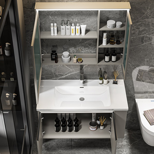 <span class=keywords><strong>Mobile</strong></span> <span class=keywords><strong>Bagno</strong></span> Sospeso di Lusso a 2 Ante, Grande Capacità, con Lavabo Integrato, Laccato Grigio Chiaro, con Illuminazione Laterale Rotonda - Product Image 5