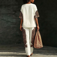 Ensemble décontracté 2 pièces - Blouse à col en V et manches courtes, pantalon ample taille haute à jambes larges avec poches, couleur contrastante, taille élastique