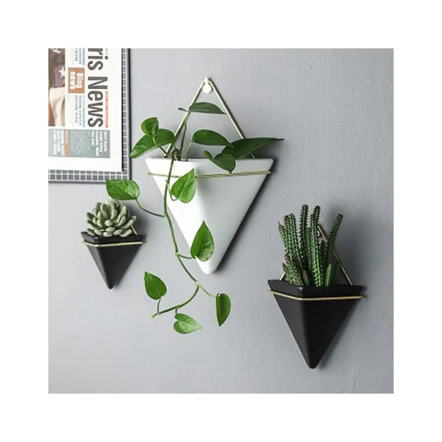 Decorativo plantador de cerâmica, plantador de varanda branca preta para pendurar na parede, prateleira com potes de plantas