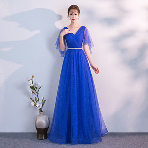 Women's Evening Gown V-Neck <b>A</b>-<b>Line</b> Chiffon Sheer Layer Natural Waistline Long <b>Dress</b> For Banquet Wedding Performance - Product Image 4