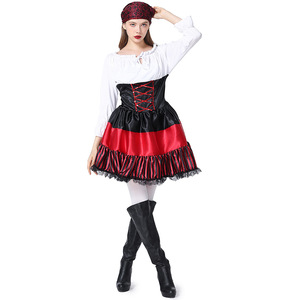 Costume d'Halloween XJHalloween - Tenue de pirate féminine pour performance de cosplay avec dentelle rayée rouge - Product Image 5