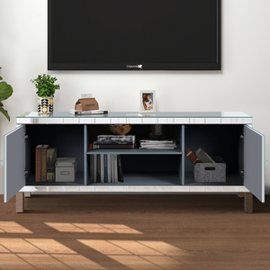 Mirrored TV Stand for 65+ Inch TV Silver Console Table with <b>Open</b> <b>Storage</b> and 2 Cabinets Diamond Shape Sparkling Design - Product Image 4