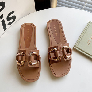 Sandalias de Verano 2023 al por Mayor, Sandalias Casuales de Color Sólido con Cadena de Metal, Último Modelo con Decoración de Acero, Sandalias Deslizantes para Interiores y Exteriores para Mujer - Product Image 6