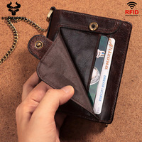 Dompet Kulit Asli untuk Pria Dompet Tempat Kartu Kredit Pemblokir RFID Dompet Pendek Lipat Dua Pria dengan Saku Koin Ritsleting dan Rantai Anti Maling