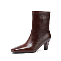 Bottes à talon épais mi-mollet pour femme à bout carré avec fermeture éclair et boucle, collection automne/hiver/printemps