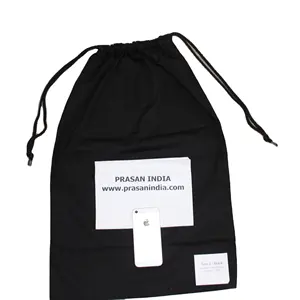 Bolsa de cordão de algodão preto, saco de cordão de algodão da marca prase da índia feita de tecido autêntico e puro de musselina