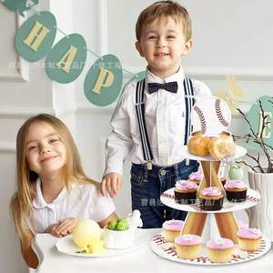 Baseball-Themed Wooden <b>Cake</b> <b>Stand</b> <b>3</b>-<b>Tier</b> Dessert Display Rack For Birthday Parties - Product Image 2