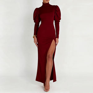 Abito <span class=keywords><strong>Lungo</strong></span> Vintage in Maglia a Collo Alto Personalizzato OEM, Autunno Inverno, Bordeaux, <span class=keywords><strong>Maniche</strong></span> <span class=keywords><strong>Lunghe</strong></span> a Sbuffo, <span class=keywords><strong>con</strong></span> <span class=keywords><strong>Spacco</strong></span>, Sexy e Aderente per Donne - Product Image 1