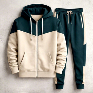 Ensemble de survêtement unisexe color block avec sweat à capuche zippé et pantalon de jogging, tenue décontractée d'été à manches courtes avec poches latérales et extensibilité quadridirectionnelle - Product Image 1