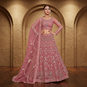 Ensemble de luxe Lehenga Choli en tulle rose poudré, broderie Zari et sequins épais, manches longues, tenue de mariage indienne et pakistanaise, Ghagra 3 pièces - Product Image 1