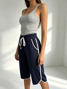 Culottes rayées à cordon de serrage pour femmes, coupe ample, longueur genou, couleur unie, pantalon d'été décontracté, respirant, tricoté en spandex - Product Image 2