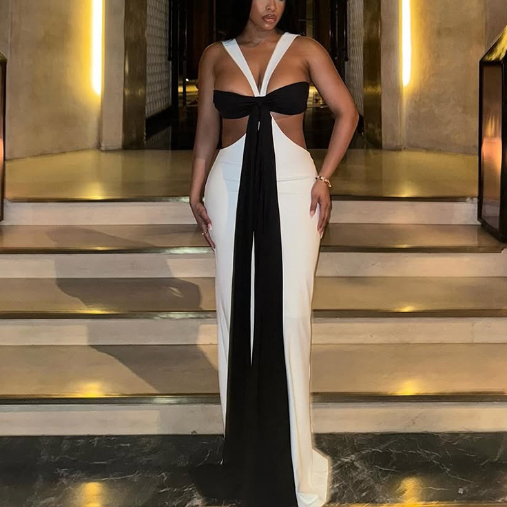 Black and White Contrasting Color Lace-up Backless Straps V-neck Dress Sehe  Fashion| Alibaba.com