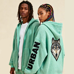 <span class=keywords><strong>Felpa</strong></span> con Cappuccio e Zip Unisex in Maglia Waffle con Logo Personalizzato, Stampa <span class=keywords><strong>Lupo</strong></span>, Oversize per Streetwear - Product Image 2