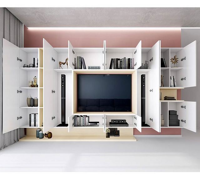 2025 Luxury LED TV Stand Modern Grille Stone Grain Background Customize Living Room Wall Panel and Cabinets