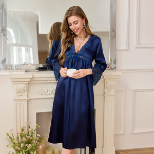 Nuova Camicia da Notte Sexy in Stile Palazzo Francese da Donna, in Poliestere Seta Ghiaccio Leggera, a Maniche Lunghe, Scollo a V, con Pizzo, per Casa, Leggera, Taizhou - Product Image 2