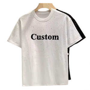 T-<span class=keywords><strong>shirt</strong></span> en <span class=keywords><strong>coton</strong></span> à manches courtes et col rond, tricoté, multicolore, décontracté, avec logo personnalisé et impression de strass pour hommes, vente en gros - Product Image 2