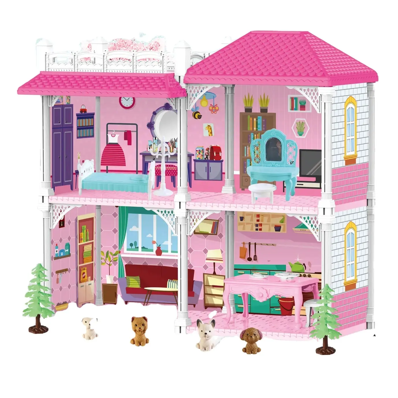 2024 plastik mobilya oyuncaklar kızlar için lüks villa kale aksesuarları bebek evi pembe kız oyun evi ile 4 odaları 1 prenses