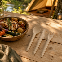 Ensemble de couverts jetables écologiques, compostables, résistants à la chaleur et robustes, en couleur marron, pour la maison et la cuisine (fourchettes, cuillères, couteaux)