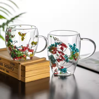 Tasse à café en verre à double paroi créative en borosilicate de 350ml en stock Tasses en céramique avec motif de fleurs séchées