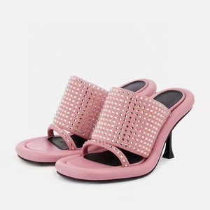 Sandalias de tacón fino con diamantes de imitación y punta cuadrada abierta para mujer, estilo mule sin cordones para verano, con correa para exteriores - Product Image 6