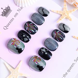 Uñas postizas de lujo con forma de ataúd corto, efecto ojo de gato, cobertura completa, hechas a mano, con pedrería de estrellas, precio de fábrica al por mayor. - Product Image 2