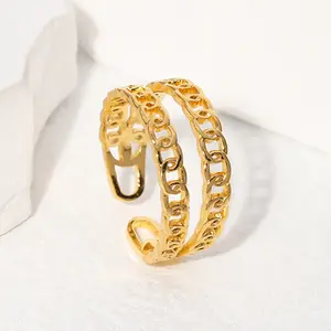 Europe Fashion 18K Gold Plated Stainless steel Double Layered Chain Shaped Finger Adjustable open Rings For Women Men Jewelry