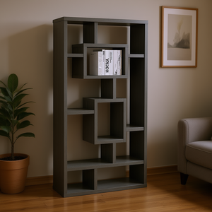 Libreria aperta con 10 ripiani in legno grigio anticato, mobile contemporaneo per soggiorno - Product Image 2