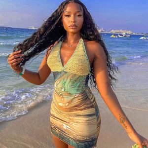 Sexy Women Bikini Cover-UPS Hanging Neck <strong>Lace-up</strong> Knitted Sexy Hollow Out <strong>Summer</strong> Beach Swimwear Cover-up - Product Image 2