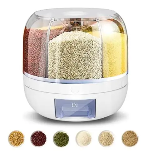 Dispensador de alimentos 6 en 1 giratorio 360, dispensador de cereales giratorio de 6 rejillas, contenedor de almacenamiento de arroz y grano