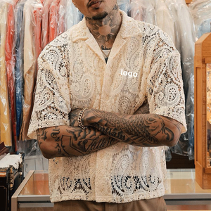 Qianjiayi Camicie in Rete da <span class=keywords><strong>Uomo</strong></span> Oversize con Logo Ricamato Personalizzato, Stile Streetwear Vintage in Cotone Pesante Nero e Bianco - Product Image 1