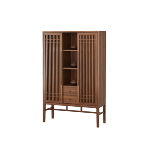 Vitrine en bois massif Armoire de rangement autoportante antique avec portes à calandre Console de buffet de salon pour la décoration intérieure - Product Image 1