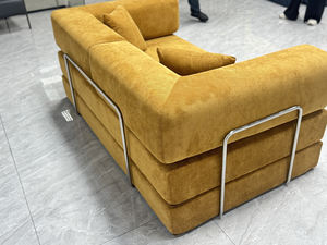 Sofá en Forma de L con Chaise Longue, de Metal Brillante, con Tela Texturizada a Rayas Amarillo Cálido, Estilo Industrial Moderno - Product Image 5
