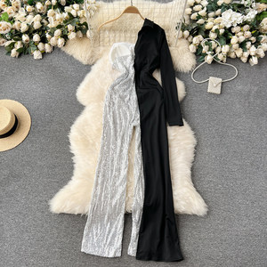 Elegante <span class=keywords><strong>Mono</strong></span> Largo con Hombros Descubiertos, <span class=keywords><strong>Lentejuelas</strong></span> y Parches, de Manga Larga y Pierna Ancha para Mujer, Ideal para Fiestas y Eventos Nocturnos - Product Image 4