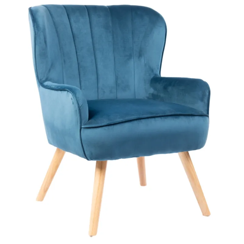 Direct factory sale dark blue velvet single sofa accent chair with wood leg