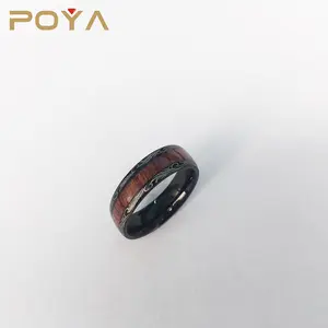 POYA 8mm काले टाइटेनियम अंगूठी कोआ लकड़ी जड़ना गुंबद बढ़त आराम फिट वेडिंग बैंड