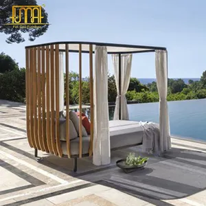 ריהוט מלון ברמה גבוהה מבנה מסגרת מתכת עץ טיק מיטת יום לגינה עם חופה
