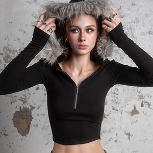 Camiseta con Capucha Informal y Transpirable para Mujer, con Panel de Piel Sintética, Media Cremallera, Estilo Urbano, Bloques de Color, Manga Corta, Color Sólido - Product Image 1