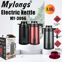 Bouilloire électrique sans fil à double paroi en acier inoxydable, maintien au chaud, ébullition rapide, capacité de 3 litres, usage hôtelier, automatique, vente chaude