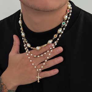 Ensemble de colliers pendentifs croix style Hip Hop en alliage, avec zircon et perles, pour homme, idéal pour mariage ou soirée - Product Image 2