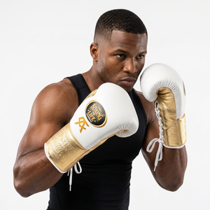 No Boxing No Life Leather Boxing Gloves White Gold <b>Lace</b>-Up Full Finger Adult Training Gear - Product Image 2