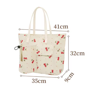 Customized recyclable shopping <b>bag</b> with ribbed webbing, custom printed cherry pattern, <b>foldable</b> - Product Image 3