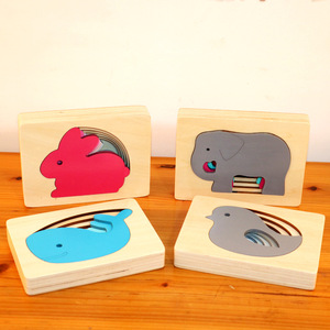 Rompecabezas de madera con diseño de animales, 4 piezas, diseño colorido en capas para niños pequeños, educación temprana, estilo Montessori - Product Image 1