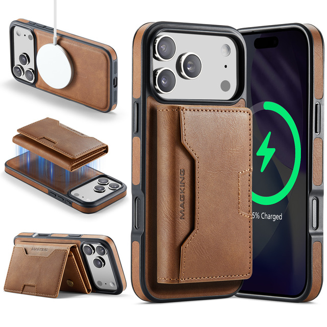 Luxury Leather Case With Magnetic Detachable Card Pocket Wallet Mobile Phone Case for iPhone 17 Pro Max 16 15 17e