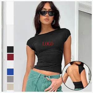 Zomer 2024 Dames T-Shirts Groothandel O-hals Effen Blanco T-Shirts Korte Mouw Crop Top Backless T-Shirts Voor Dames