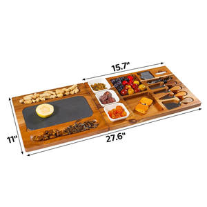Grand plateau <span class=keywords><strong>magnétique</strong></span> 3 en 1 pour servir la charcuterie Plateau à découper en <span class=keywords><strong>ardoise</strong></span> Plateau à fromage rectangulaire en bois d'acacia avec 3 bols en céramique - Product Image 2