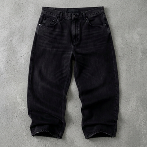 Jean en denim noir vintage tissé mi-lourd à jambe large pour homme, taille haute, délavé, coupe ample, printemps automne, streetwear - Product Image 4