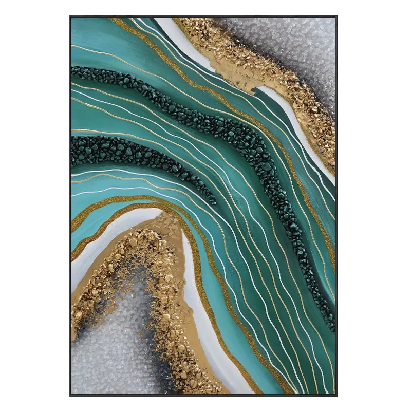 カスタム手作り絵画抽象海景壁アート三次元物理エメラルドグリーンゴールドアート手油絵