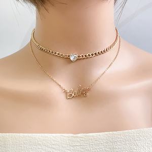 Double chaîne Bijoux de mode personnalisés Pendentif cœur en cristal lettre de bébé plaqué or pour les femmes Style classique pour les mariages et les cadeaux - Product Image 6