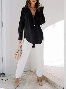 Camisas de <span class=keywords><strong>Mujer</strong></span>, <span class=keywords><strong>Blusas</strong></span> de Manga Larga, Túnicas Casuales Lisas, Tops con Bolsillos, 65% Algodón, 30% Tela Ancha, Lavables - Product Image 2